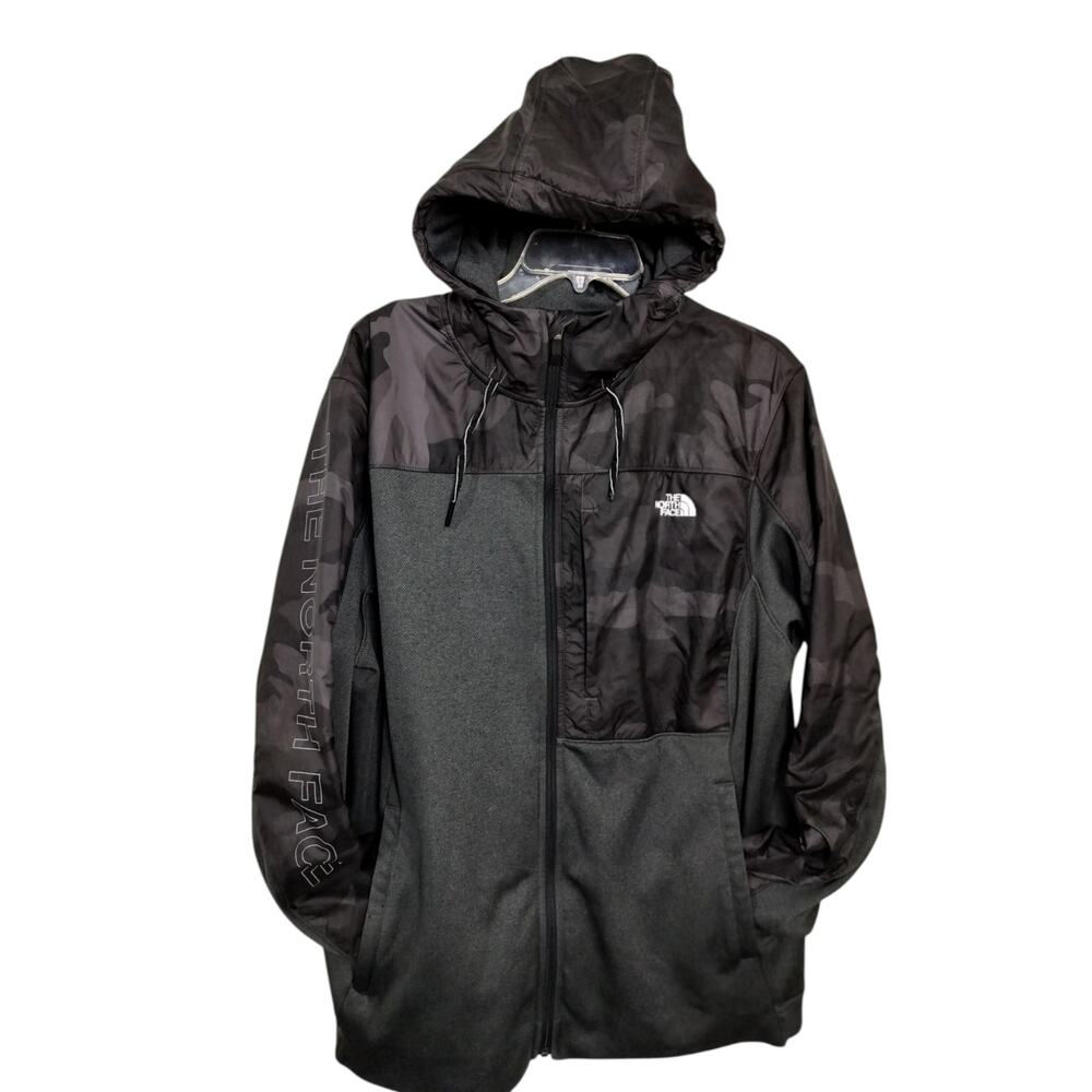 1136)The North Face Men Zip Up Camo Dark Grey Fleece Train & Logo Hoodie XL